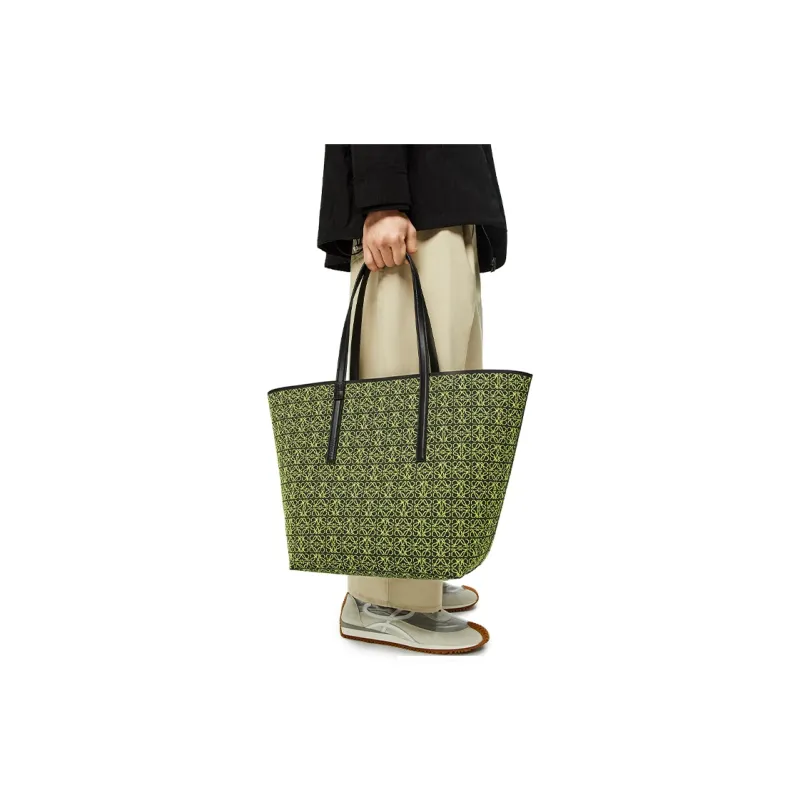 LOEWE Anagram Basket Jacquard Fabric With Calfskin Tote Shopping Bag One Shoulder Handbag Men's Neon Yellow-3