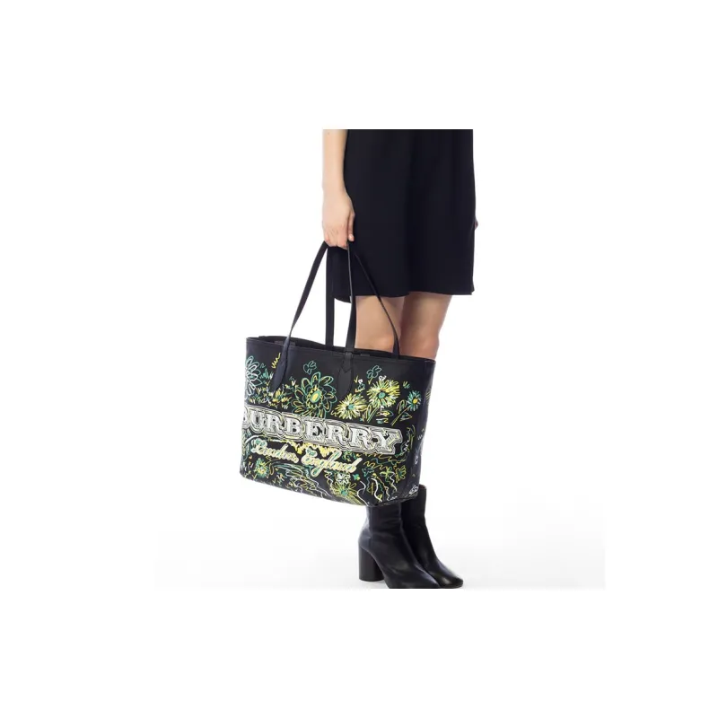 Burberry Fabric With Leather Tote Bag Shopping Bag Shoulder Bag Handbag Regular Women's Black/Multicolor-5