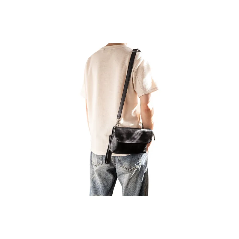 Back Step Top Grain Vegetable Tanned Cow Leather One Shoulder Crossbody Cell Phone Clutch Small Size Unisex Black-5