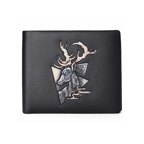 Old Man's Head Top Grain Cow Leather Wallet Men's Black