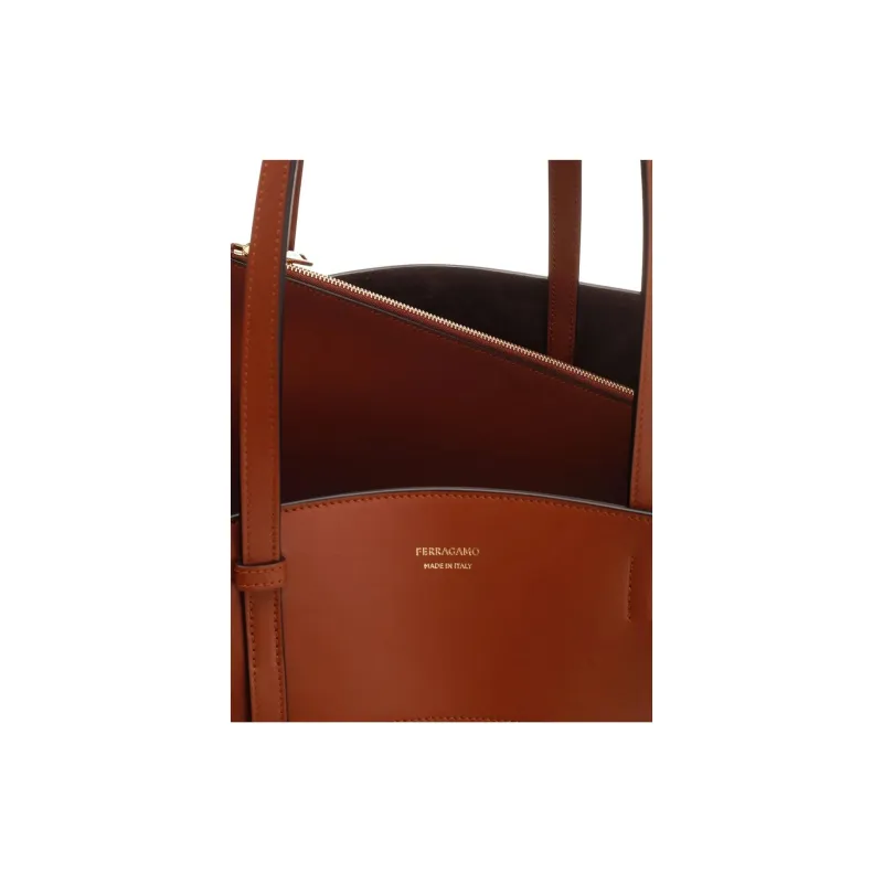 FERRAGAMO Leather Tote Bag Shopping Bag Shoulder Bag Handbag Medium Size Women's Red Brown-3