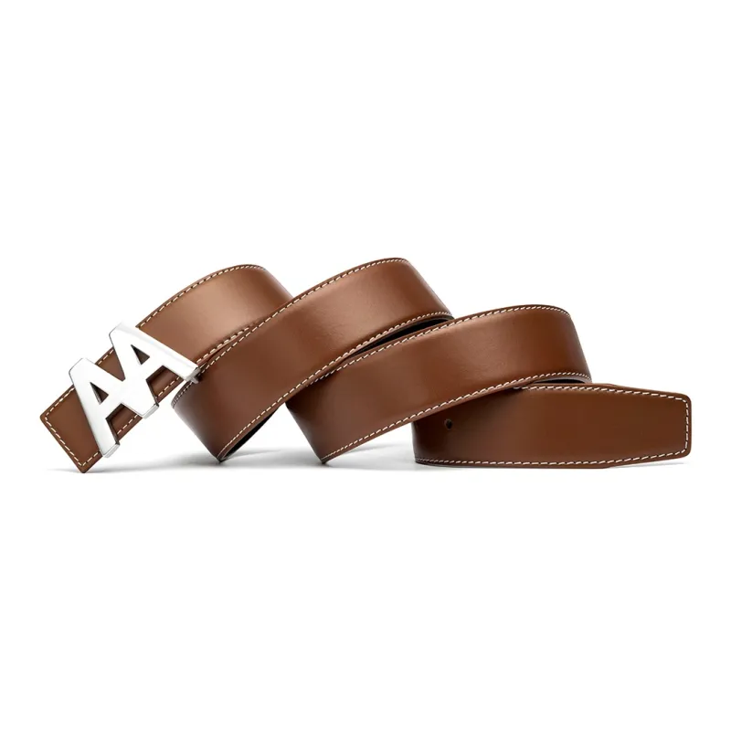 Anthony Miles Stainless Steel Plate Buckle Smooth Finish Top Grain Cow Leather Leather Belts Men's Yellow Brown 3.7cm-2
