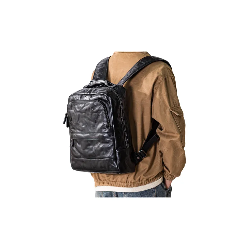 Back Step Cow Leather Double Shoulder Computer Travel Bag Large Size Unisex Black-4
