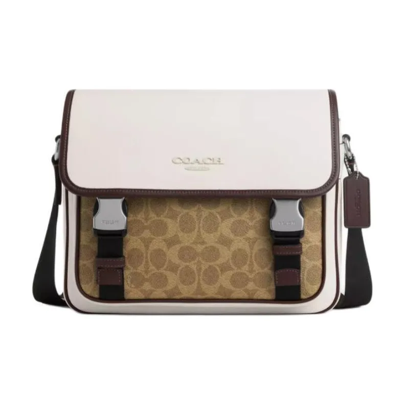 COACH Coated Canvas With Smooth Calfskin Messenger Bag, Shoulder Bag, Crossbody Bag Men's Chalk & Tan-0
