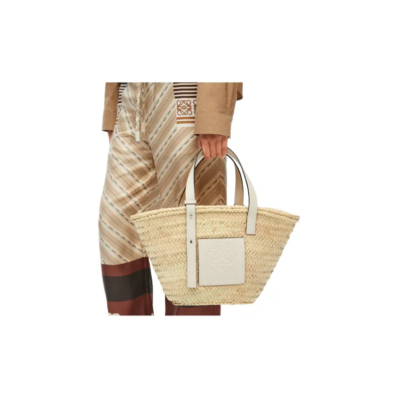 LOEWE Basket Bag In Palm Leaf And Calfskin Natural/White-4