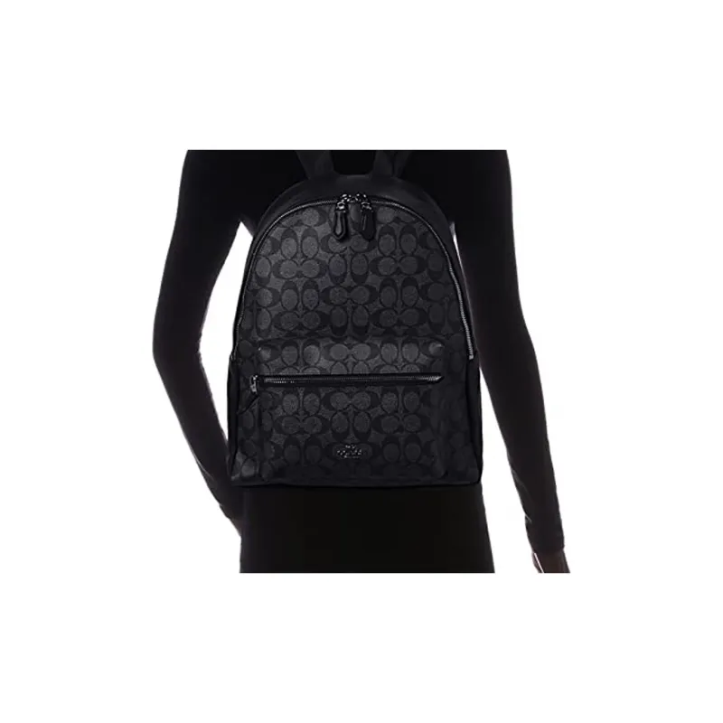 COACH Charlie Canvas With Calfskin Backpack Large Size Unisex Black-7