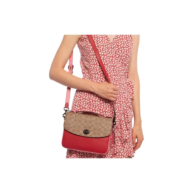 COACH Cassie Canvas With Leather Messenger Bag Handbag Shoulder Bag Crossbody Bag Medium Size Women's Brown Yellow/Red-7