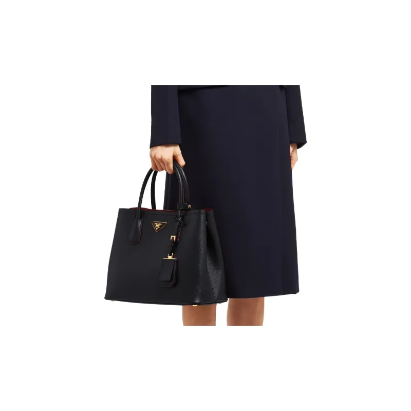 PRADA Double Leather Handbag Medium Size Women's Black-3