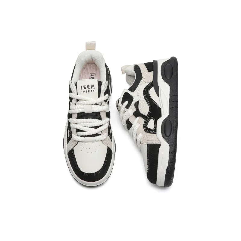 JEEP SPIRIT Retro Fashion Anti Slip And Wear Resistant Height Increasing Low Top Skateboard Shoes Men's Black White-2