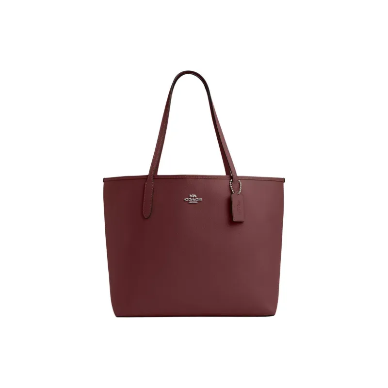 COACH City Double Sided Leather Tote Bag, Shopping Bag, Handbag Tubas Women's Silver & Burgundy-0
