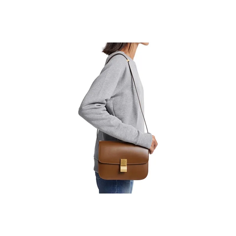 CELINE Classic Bo Polished Cow Leather Tofu Cube Bag, Crossbody Bag, Shoulder Bag Women's Candy/Caramel-3