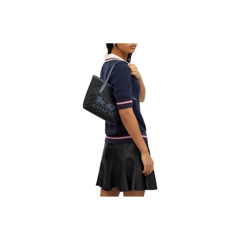 COACH City Canvas With Leather Tote Bag Shopping Bag Handbag Shoulder Bag Women's Brown & Blue-4
