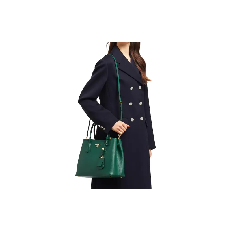 PRADA Double Leather Handbag Women's Table Tennis Green-3