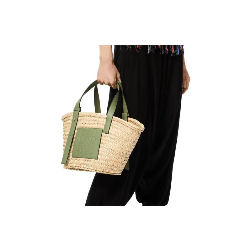 LOEWE Basket Palm Fiber Cow Leather Basket Bag Tote Bag Shopping Bag Handbag Medium Size Women's Green-5