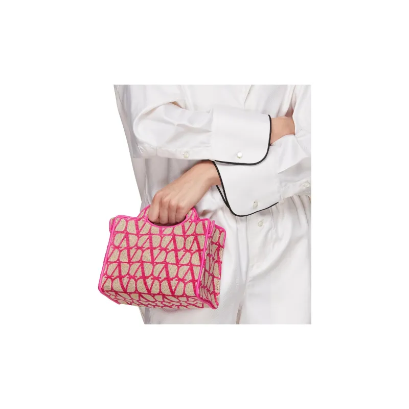 Valentino Sheepskin With Fabric Tote Shoulder Bags Handbags Mini Women's Fuchsia/Beige-4