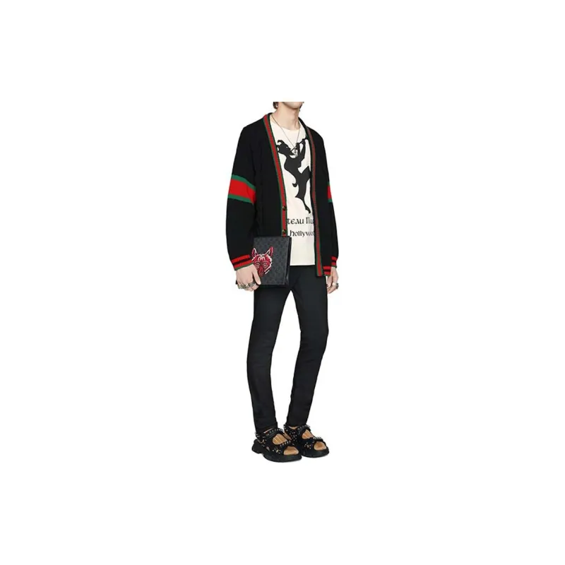 GUCCI Canvas With Leather Clutch Regular Men's Black Gray/Red-5