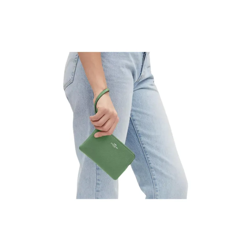 COACH Corner Zip Refined Pebbled Leather Wrist Bag Small Size Women's Silver & Light Green-4