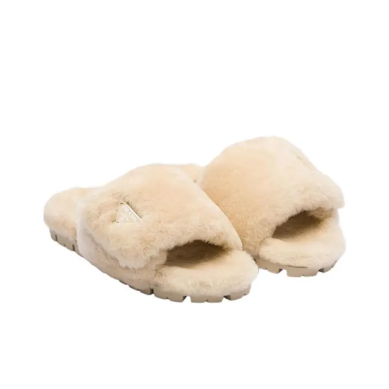 PRADA Triangle-logo Shearling Slides-2