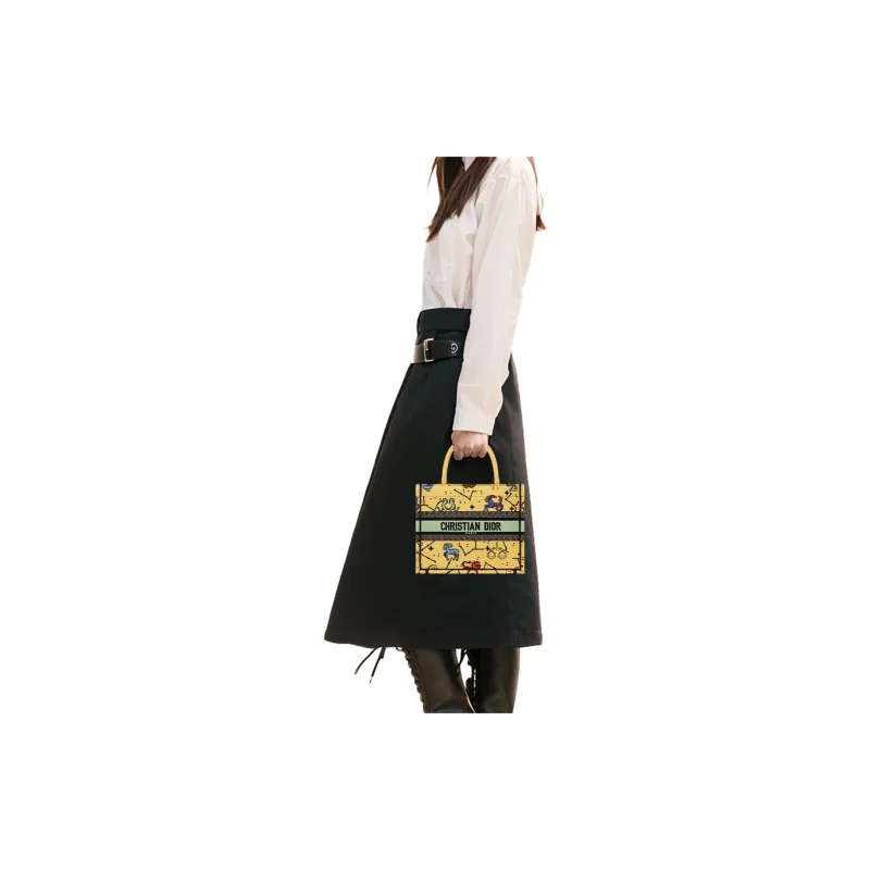 DIOR BookTote Embroidery Tote Bag Shopping Bag Shoulder Bag Handbag Small Size Women's Yellow-5