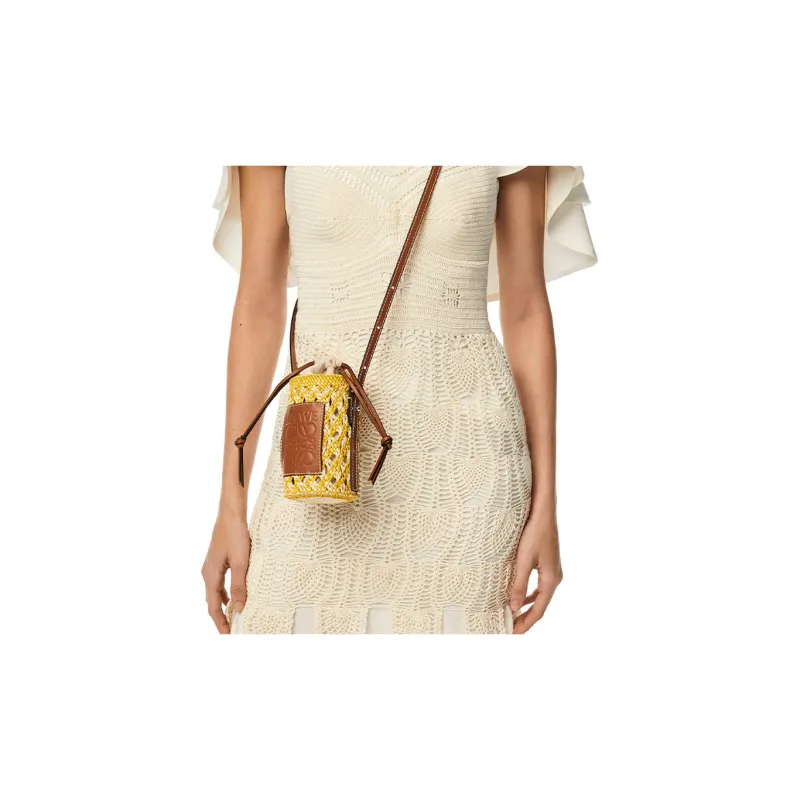 LOEWE Cylinder Pocket Palm With Calfskin Patch Straw Bag Vacation Bag Shoulder Bag Crossbody Bag Women's Yellow-4