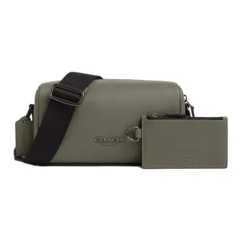 COACH Smooth Calf Leather Shoulder Bag Crossbody Bag Small Size Men's Gunmetal & Military Green