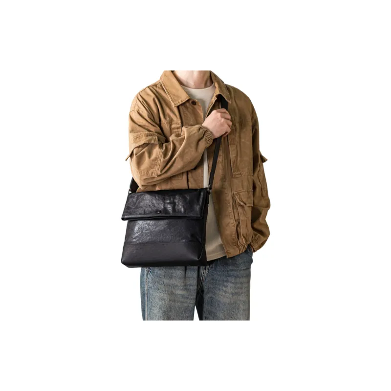 ROSEROOEN Top Grain Vegetable Tanned Cow Leather Shoulder Bag Crossbody Bag Regular Unisex Black-3