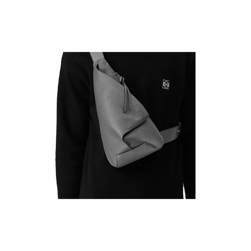 LOEWE Anton Sling Soft Smooth Cow Leather With Jacquard Fabric One Shoulder Crossbody Bag, Sling Bag Men's Asphalt Gray-4