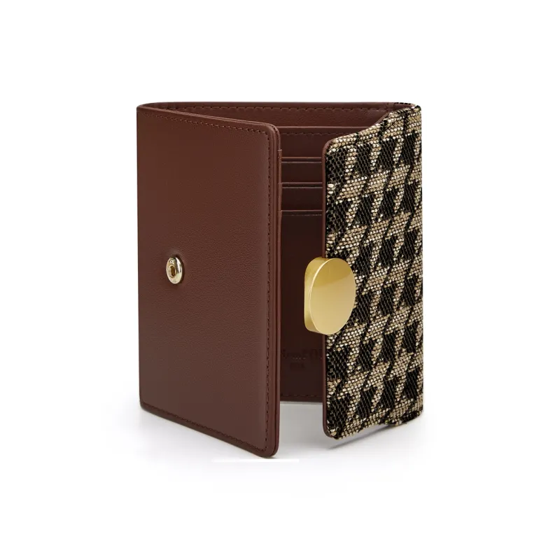 WilliamPOLO Cow Leather Patchwork With Fabric Long Cropped Wallet Multifunction Coin Purse Regular Women's Coffee-3