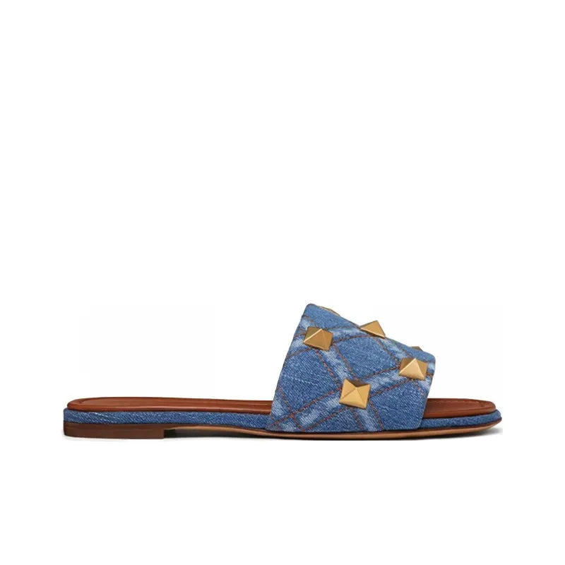 Valentino Rockstud Slide Slippers Women's Blue-1