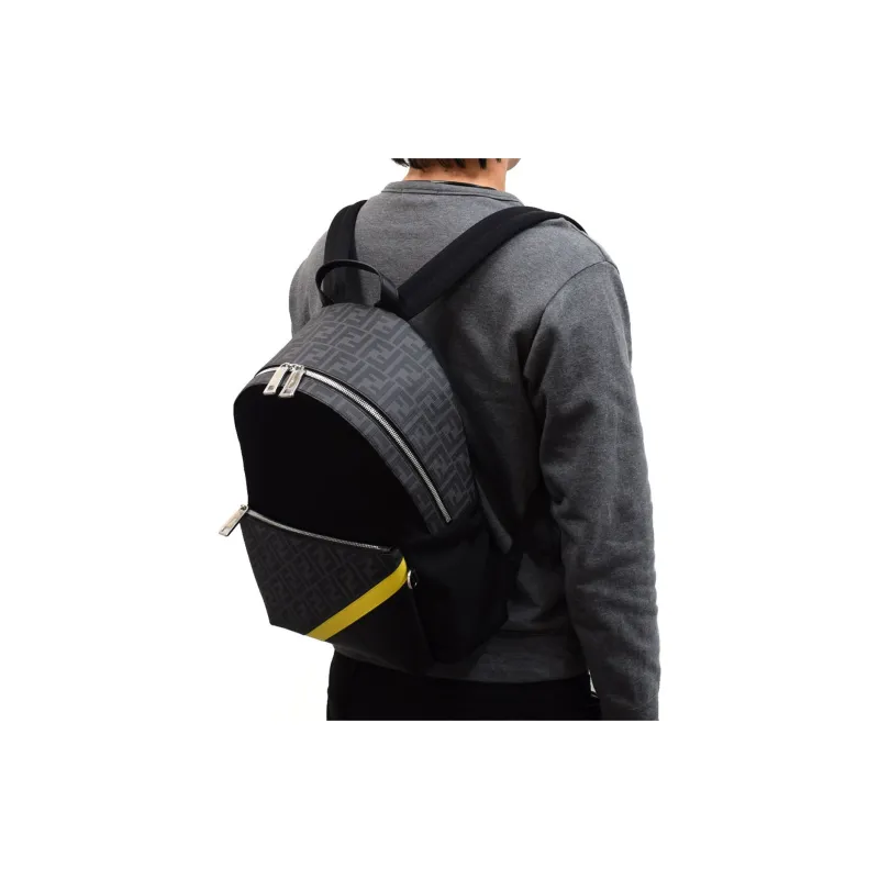 FENDI Artificial Leather Backpack Men's Black/Gray Color/Yellow-8