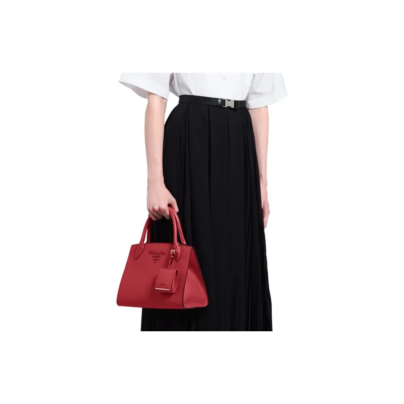 PRADA Saffiano Leather And Calfskin Shoulder Bag Crossbody Bag Handbag Regular Women's Red-3