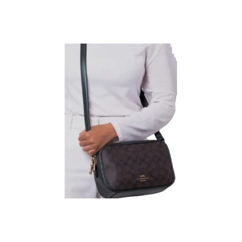 COACH Jes Canvas With Leather One Shoulder Handbag Crossbody Bag Medium Size Women's Brown & Metal Green-3
