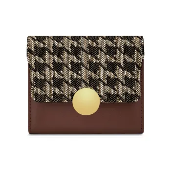 WilliamPOLO Cow Leather Patchwork With Fabric Long Cropped Wallet Multifunction Coin Purse Regular Women's Coffee