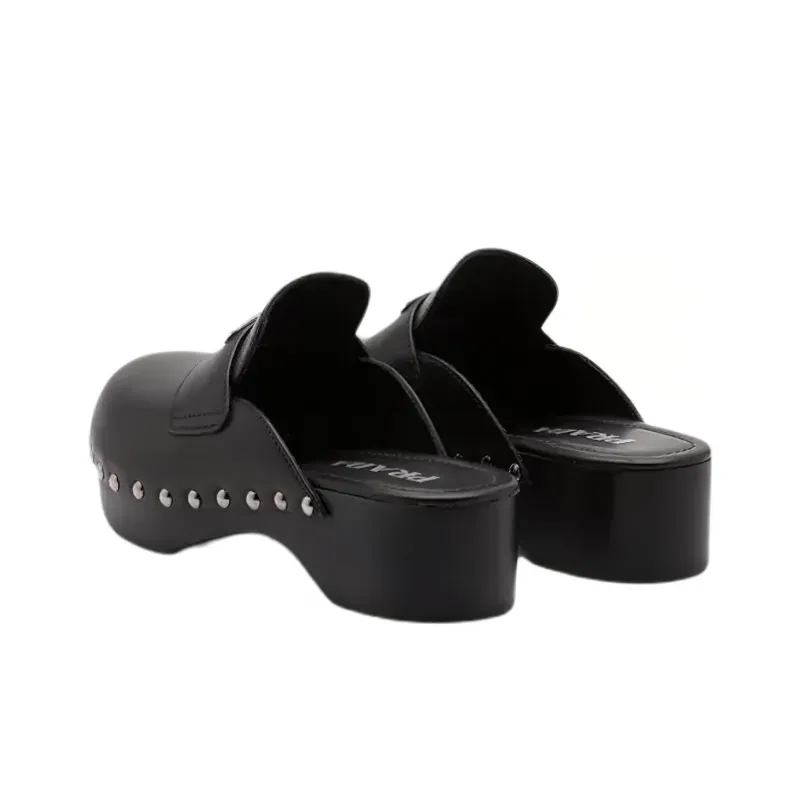 PRADA 45mm Studded Clogs Black Leather-3