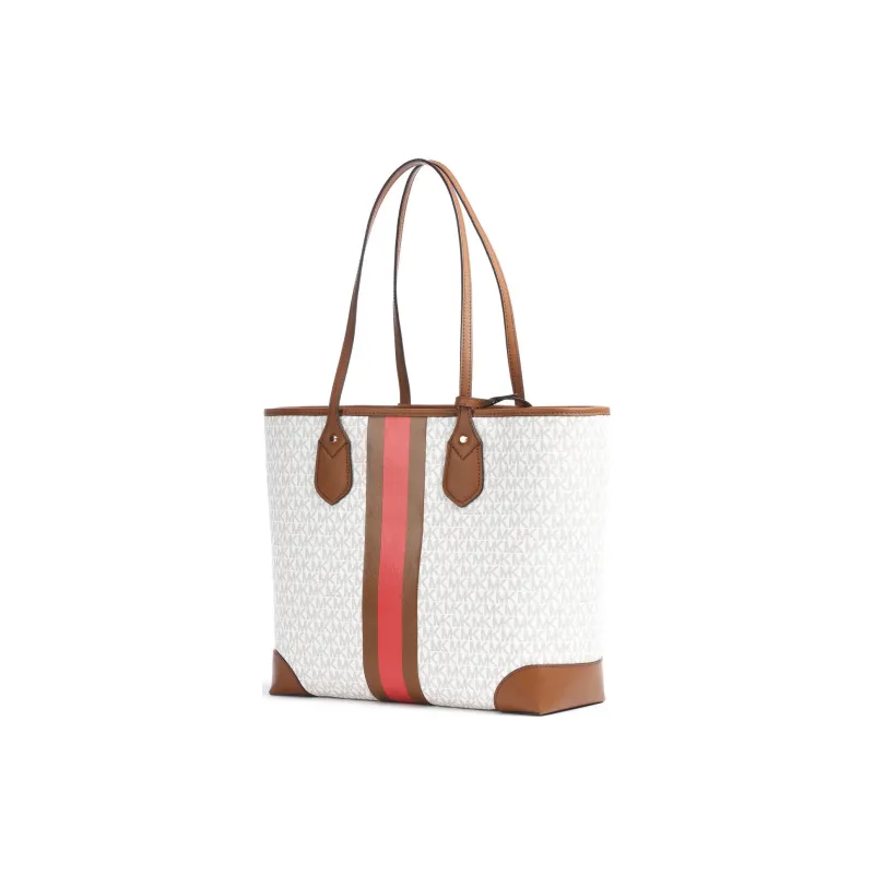 MICHAEL KORS Eva Canvas Tote Bag, Shopping Bag, Handbag Women's Acorn Brown & Coral Red & White-2
