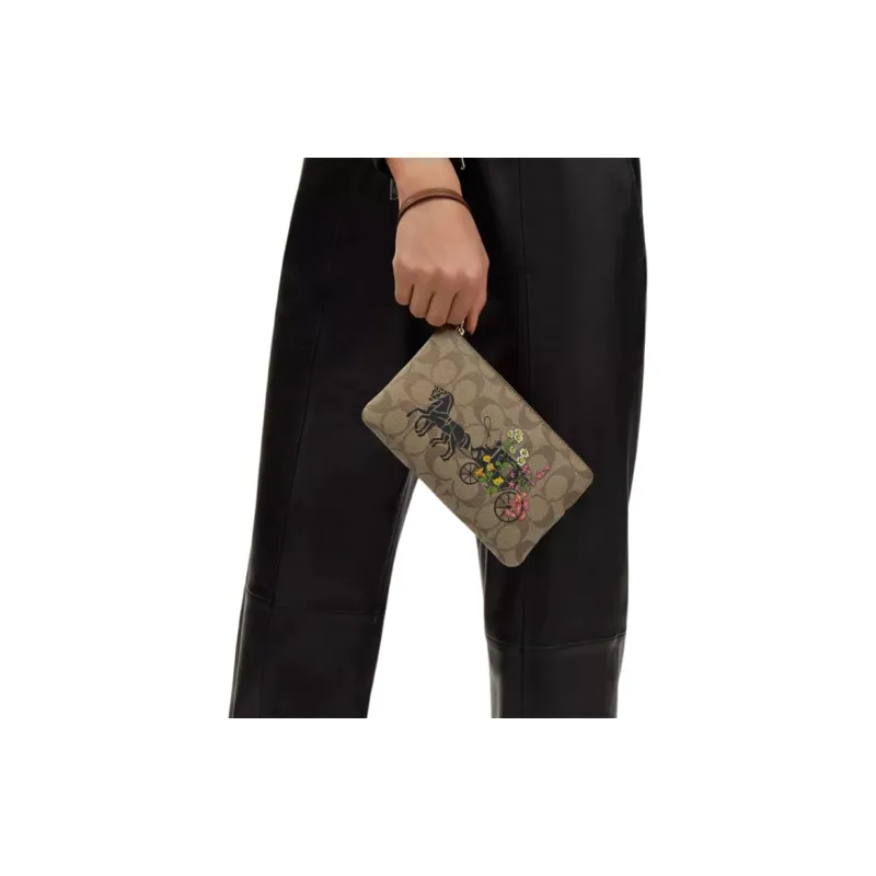 COACH Corner Zip Signature Coated Canvas With Recycled Leather Wrist Bag Small Size Women's Gold & Khaki Multicolor-2