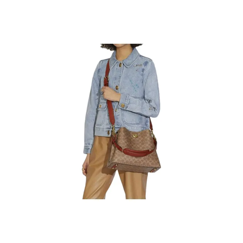 COACH Willow Canvas With Leather Tote Bag, Shopping Bag, Shoulder Bag, Crossbody Bag Tubas Women's Brown Yellow/Rusty-4