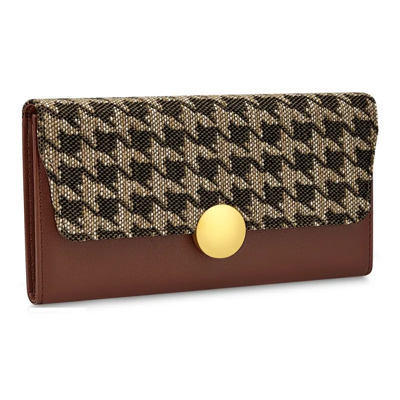WilliamPOLO Cow Leather Patchwork With Fabric Long Cropped Wallet Multifunction Coin Purse Regular Women's Coffee-9