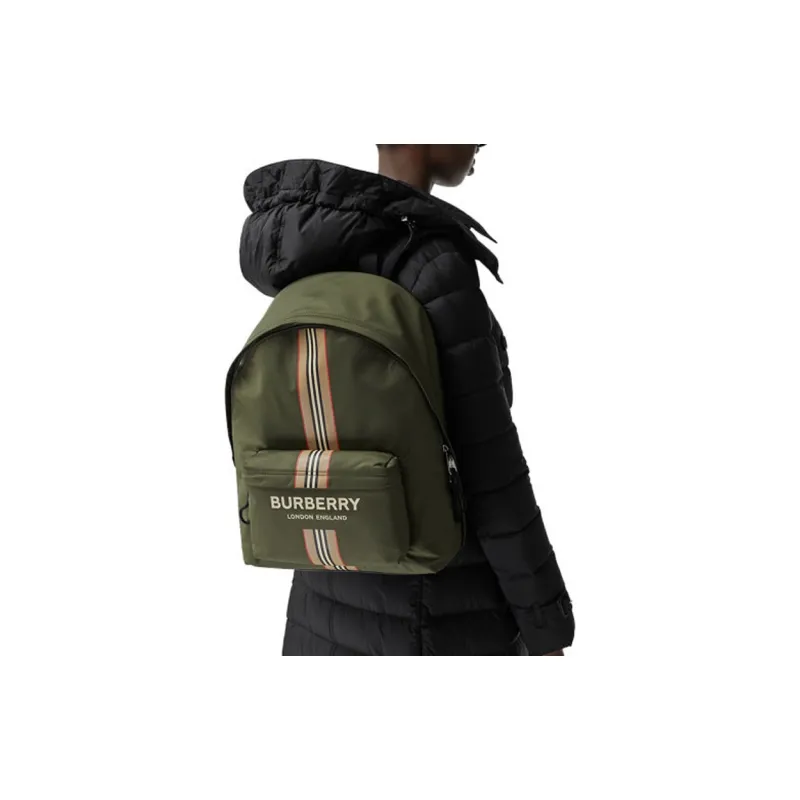 Burberry Logo And Icon Stripe Backpack Green/Beige-10