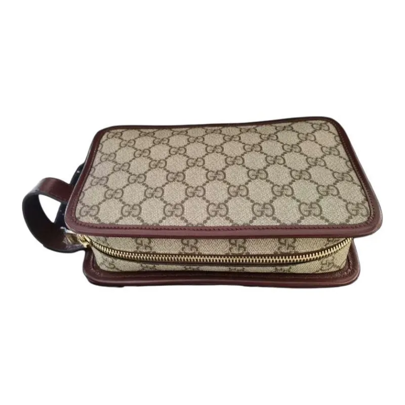 GUCCI Canvas With Leather Canvas Bag Toiletry Bag Travel Bag Clutch Women's Burgundy & Brown-4