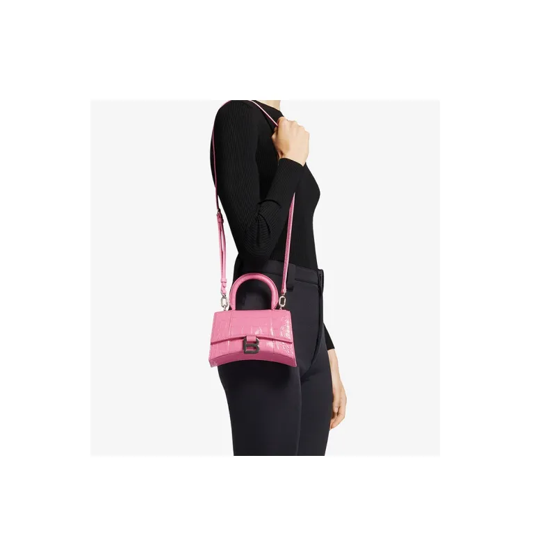 Balenciaga Hourglass Crocodile-Embossed Calfskin Hourglass Bag Crossbody One Shoulder Handbag Mini Women's Pink-5