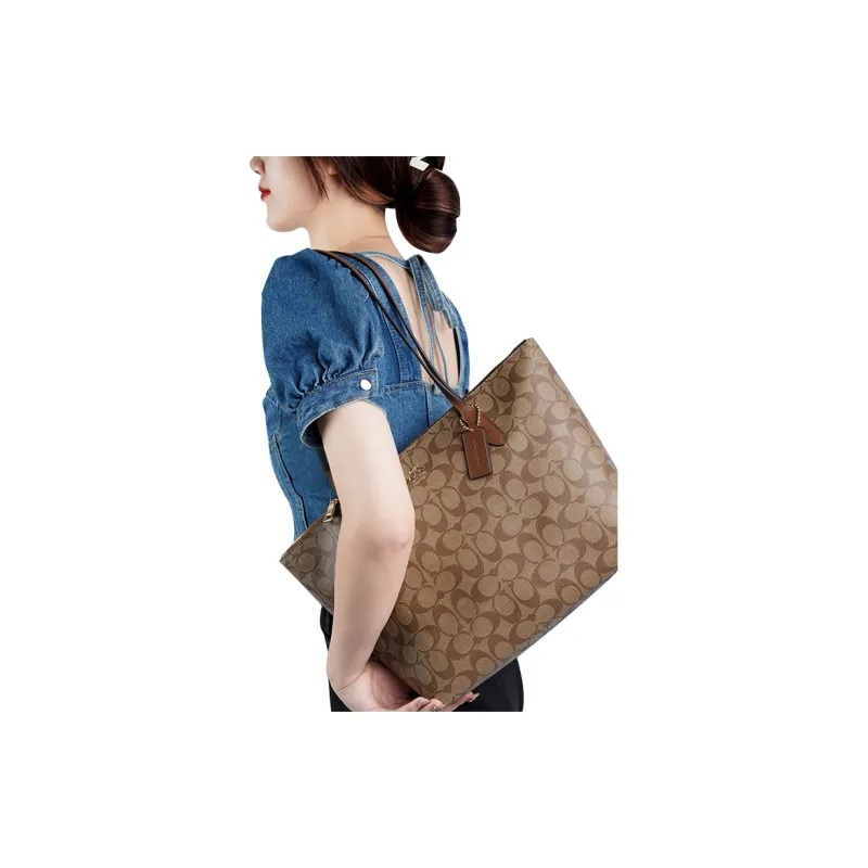 COACH Zip Top Tote Canvas With Leather Tote Bag Shopping Bag Shoulder Bags Large Size Women's Brown Monogram-9