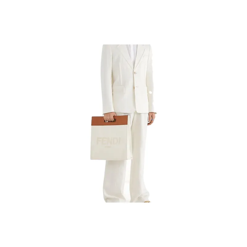 FENDI Canvas With Leather Tote Bag Shopping Bag Shoulder Bag Crossbody Bag Handbag Men's Beige & Brown-5
