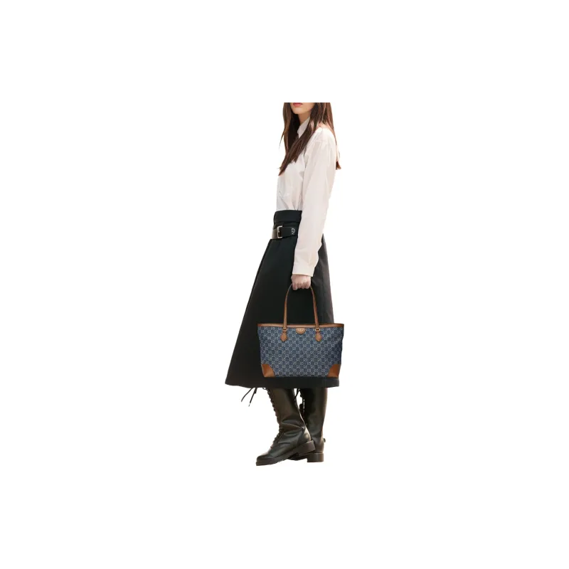 GUCCI Ophidia Denim With Leather Tote Bag, Shopping Bag, Shoulder Bag, Handbag Medium Size Women's Gray Blue/Brown-9