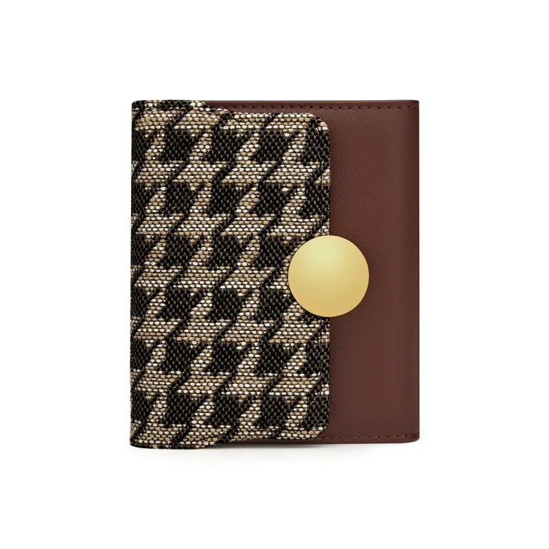 WilliamPOLO Cow Leather Patchwork With Fabric Long Cropped Wallet Multifunction Coin Purse Regular Women's Coffee-2