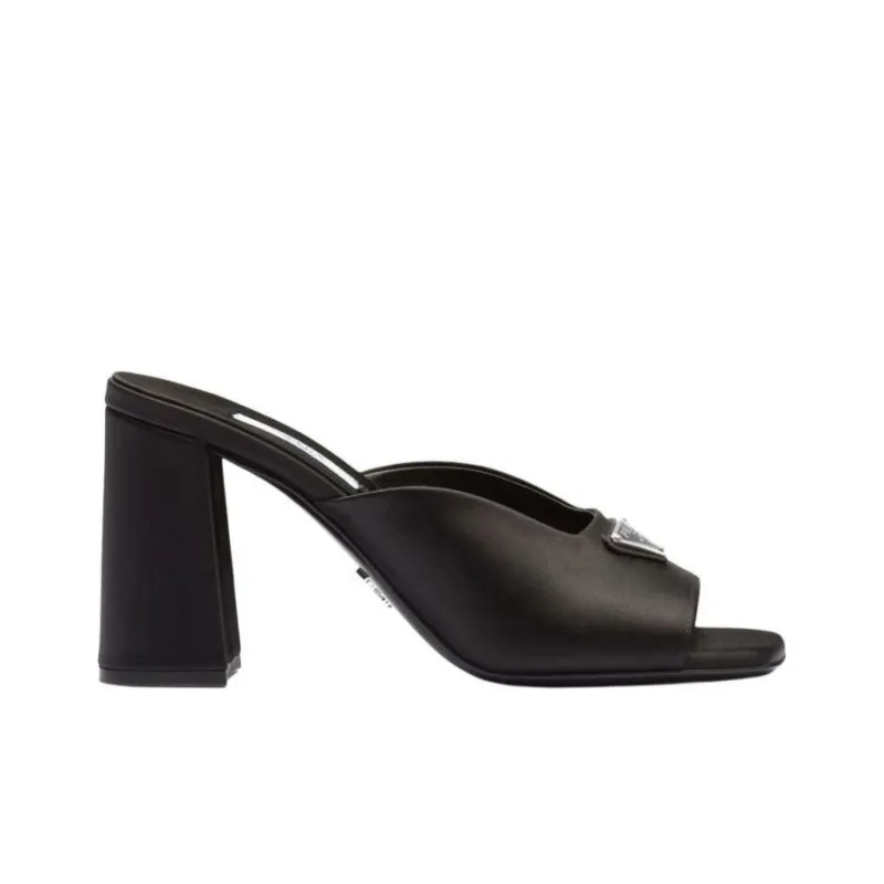 PRADA Enamel Triangle Logo 85mm High-heel Satin Slides-1
