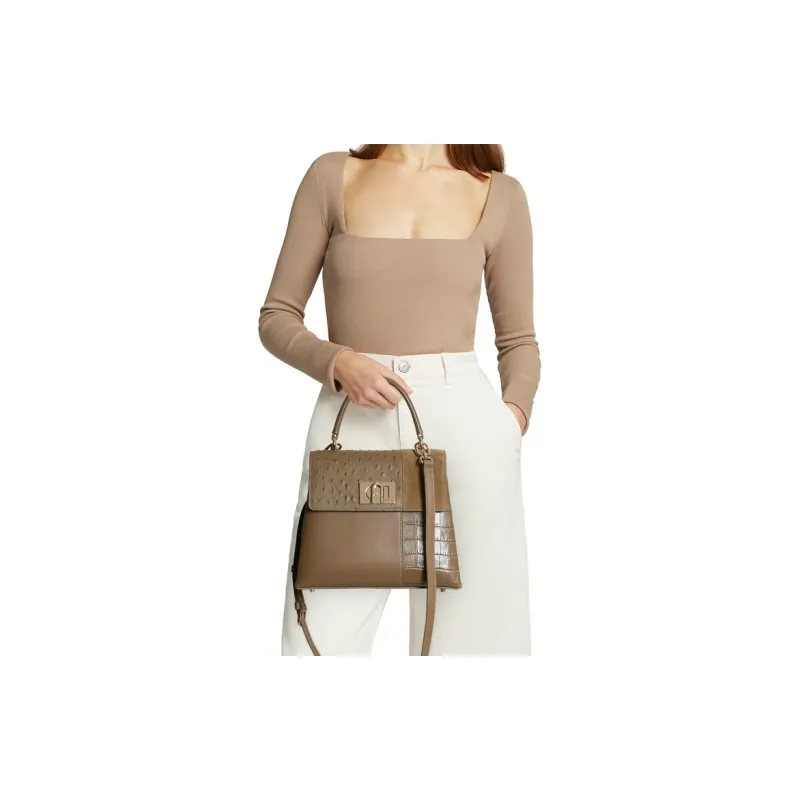 Furla Suede Crocodile Pattern Leather With Leather One Shoulder Crossbody Briefcase Handbag Women's Tan-4