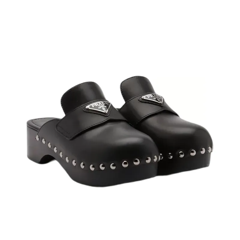 PRADA 45mm Studded Clogs Black Leather-2