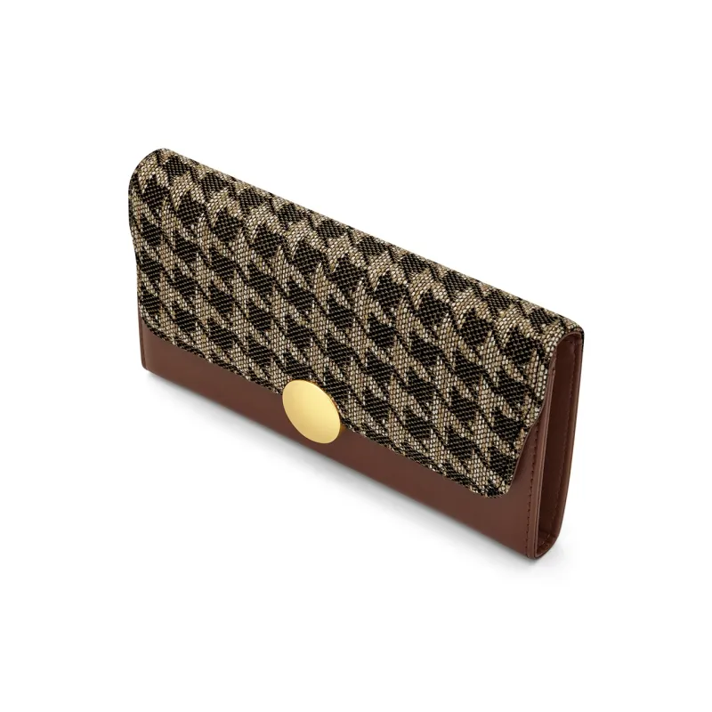 WilliamPOLO Cow Leather Patchwork With Fabric Long Cropped Wallet Multifunction Coin Purse Regular Women's Coffee-10