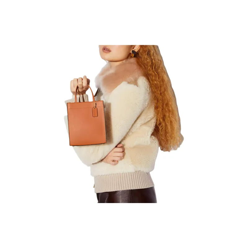 COACH Cashin Tanned Leather Tote Bag, Shopping Bag, One Shoulder Handbag Mini Women's Brass & Orange-3